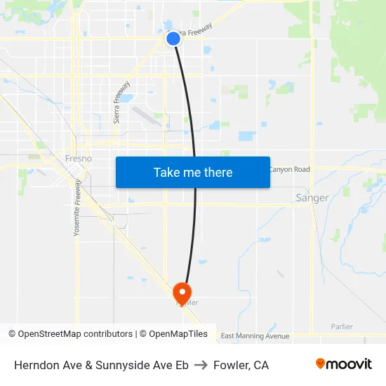 Herndon Ave & Sunnyside Ave Eb to Fowler, CA map