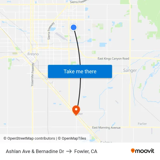 Ashlan Ave & Bernadine Dr to Fowler, CA map