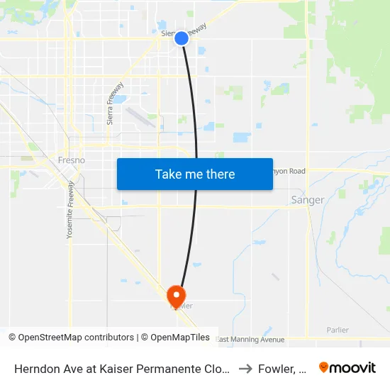 Herndon Ave at Kaiser Permanente Clovis to Fowler, CA map