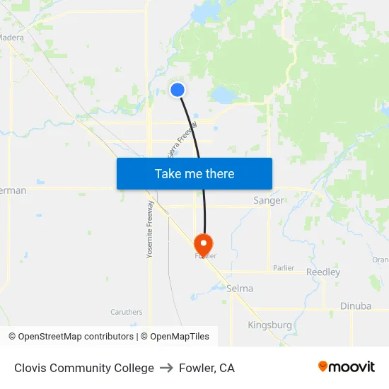 Clovis Community College to Fowler, CA map