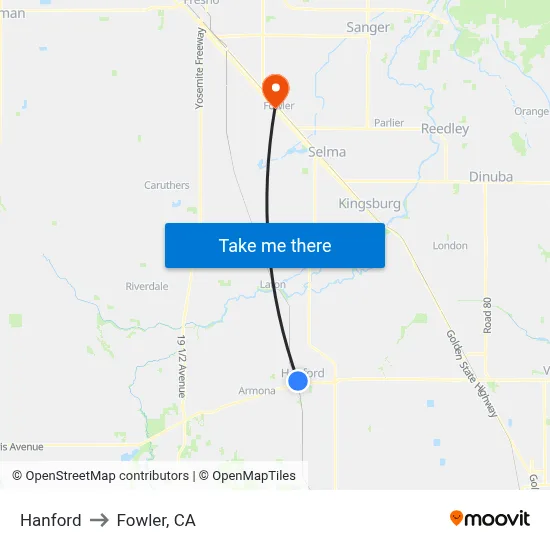 Hanford to Fowler, CA map