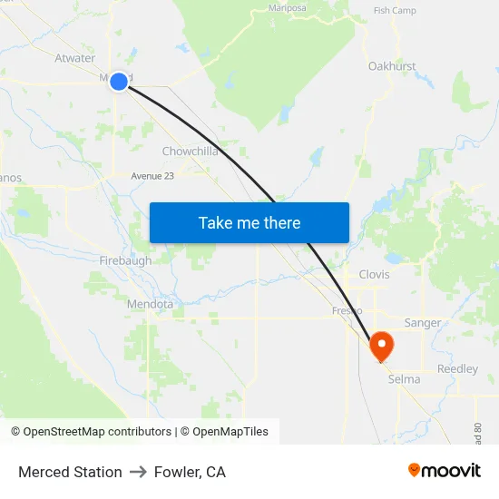 Merced Station to Fowler, CA map
