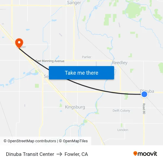 Dinuba Transit Center to Fowler, CA map