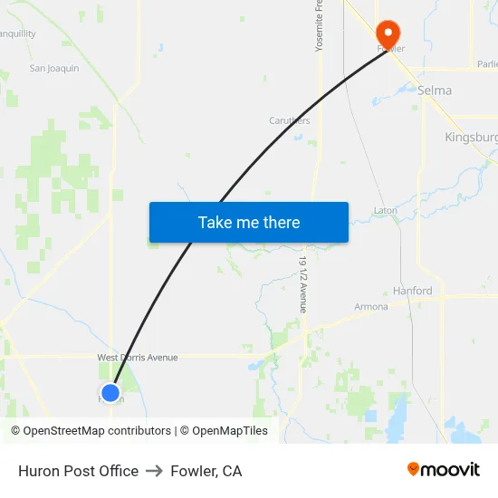 Huron Post Office to Fowler, CA map