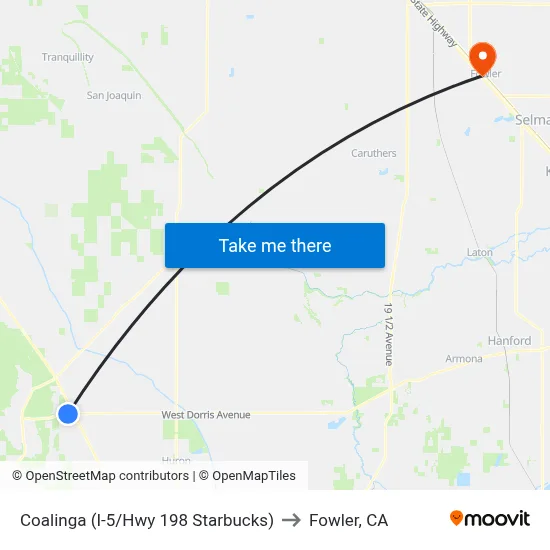 Coalinga (I-5/Hwy 198 Starbucks) to Fowler, CA map