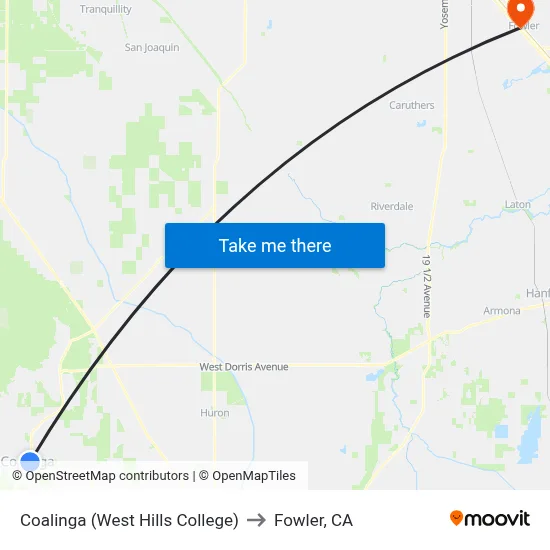 Coalinga (West Hills College) to Fowler, CA map
