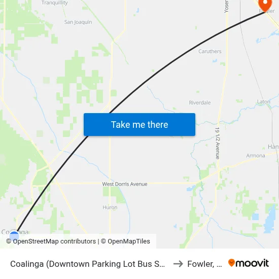 Coalinga (Downtown Parking Lot Bus Shelter) to Fowler, CA map