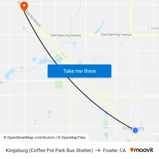 Kingsburg (Coffee Pot Park Bus Shelter) to Fowler, CA map