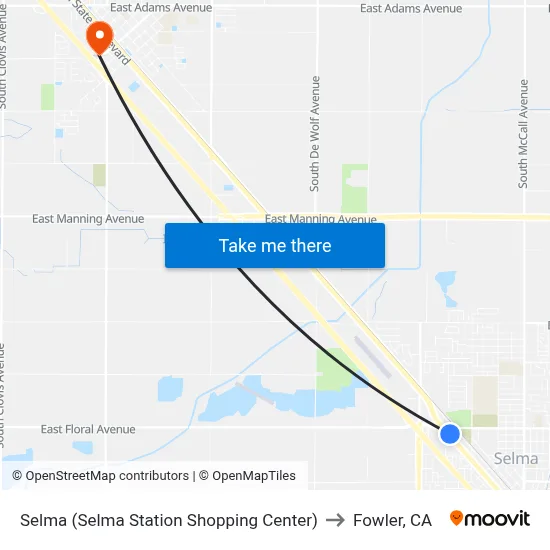 Selma (Selma Station Shopping Center) to Fowler, CA map
