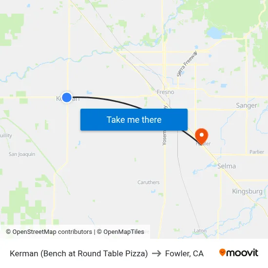 Kerman (Bench at Round Table Pizza) to Fowler, CA map