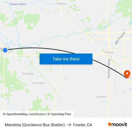 Mendota (Quickeroo Bus Shelter) to Fowler, CA map
