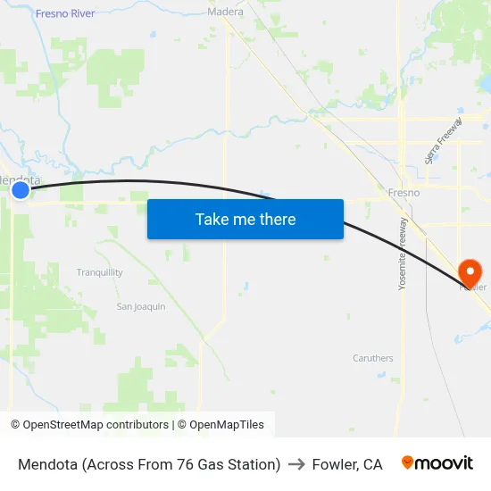 Mendota (Across From 76 Gas Station) to Fowler, CA map