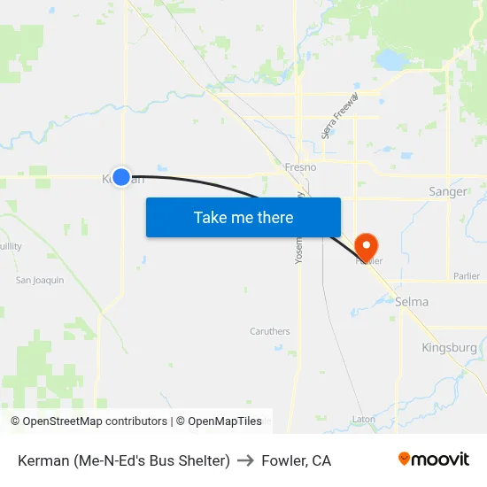 Kerman (Me-N-Ed's Bus Shelter) to Fowler, CA map