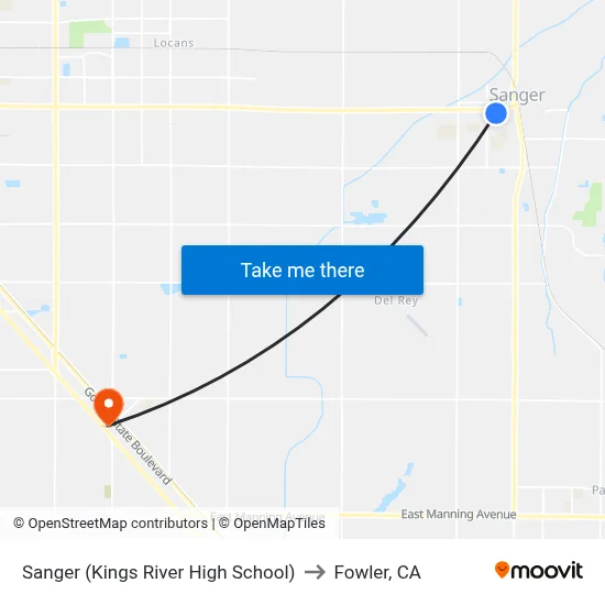 Sanger (Kings River High School) to Fowler, CA map