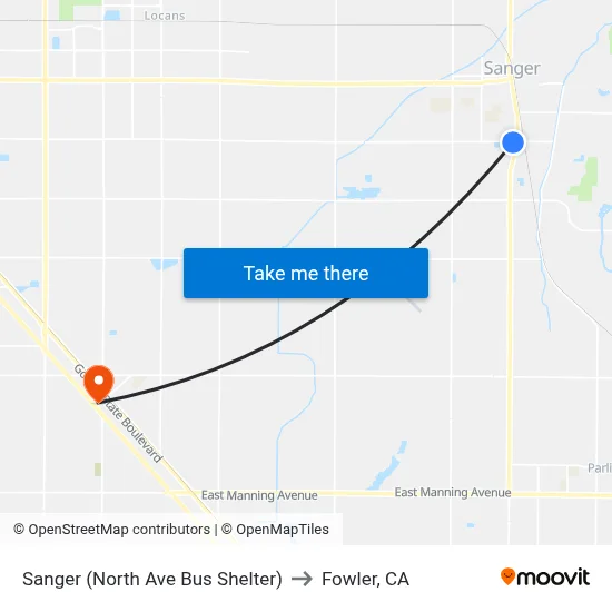 Sanger (North Ave Bus Shelter) to Fowler, CA map