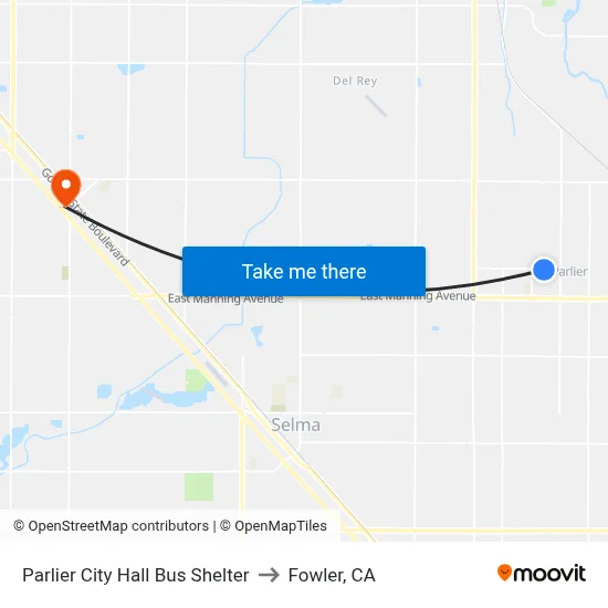 Parlier City Hall Bus Shelter to Fowler, CA map
