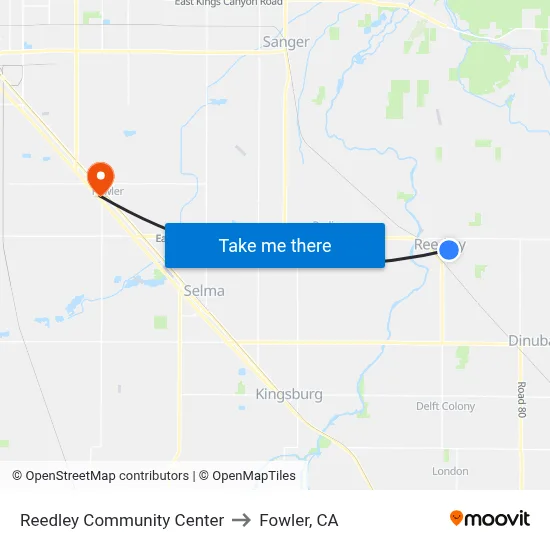 Reedley Community Center to Fowler, CA map