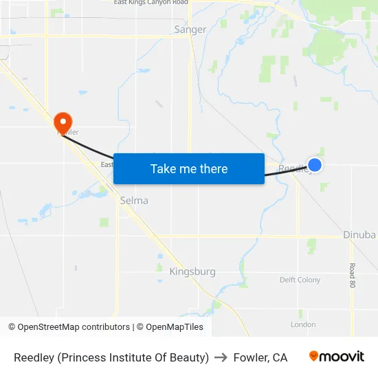 Reedley (Princess Institute Of Beauty) to Fowler, CA map