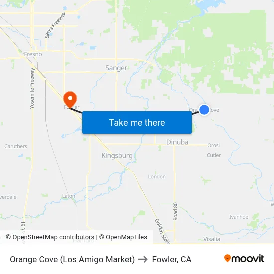 Orange Cove (Los Amigo Market) to Fowler, CA map