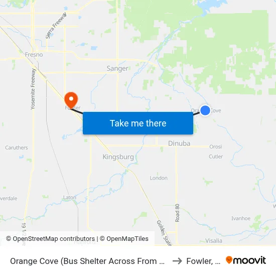 Orange Cove (Bus Shelter Across From Library) to Fowler, CA map