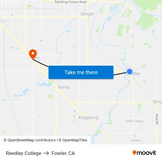 Reedley College to Fowler, CA map