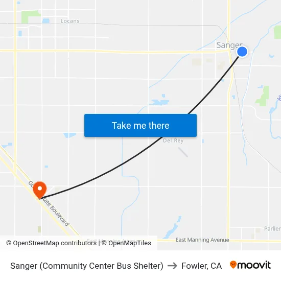 Sanger (Community Center Bus Shelter) to Fowler, CA map