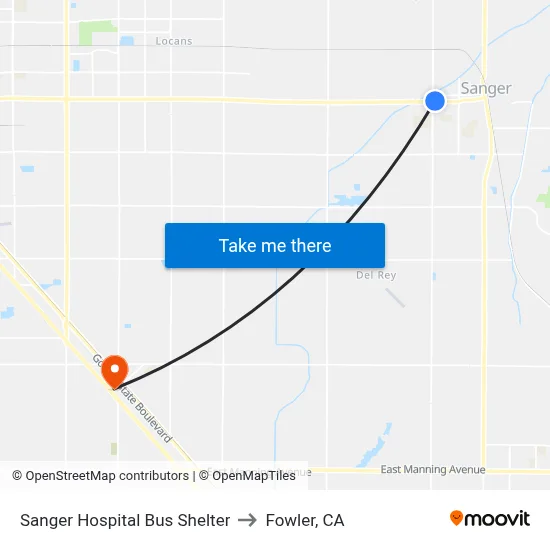 Sanger Hospital Bus Shelter to Fowler, CA map