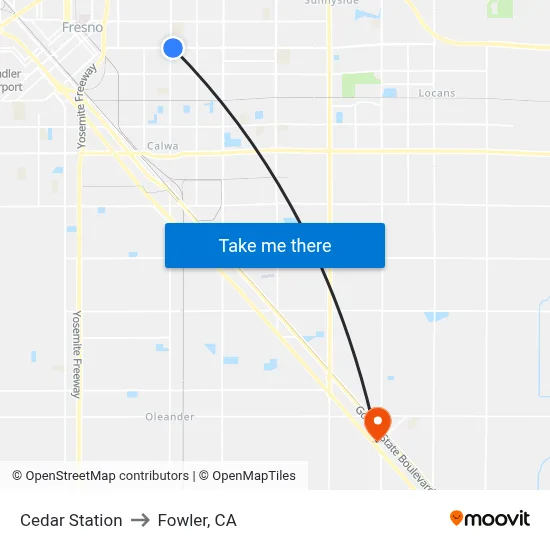 Cedar Station to Fowler, CA map