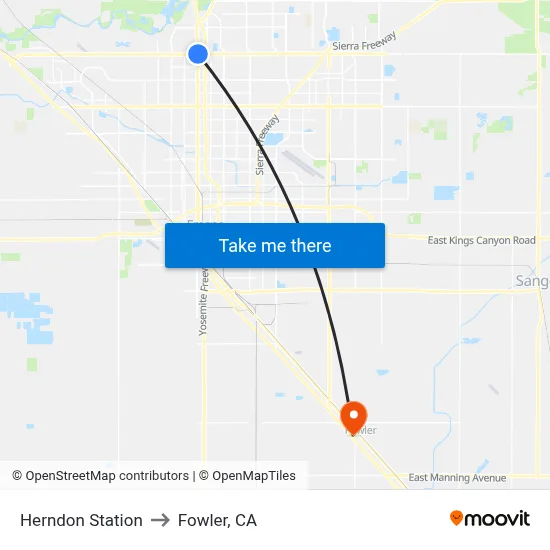 Herndon Station to Fowler, CA map