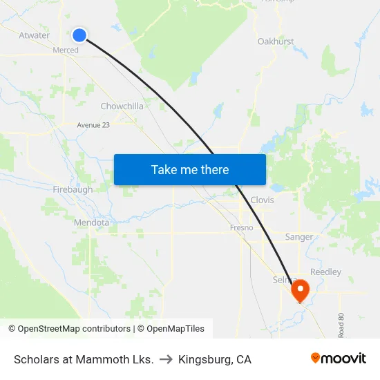 Scholars at Mammoth Lks. to Kingsburg, CA map