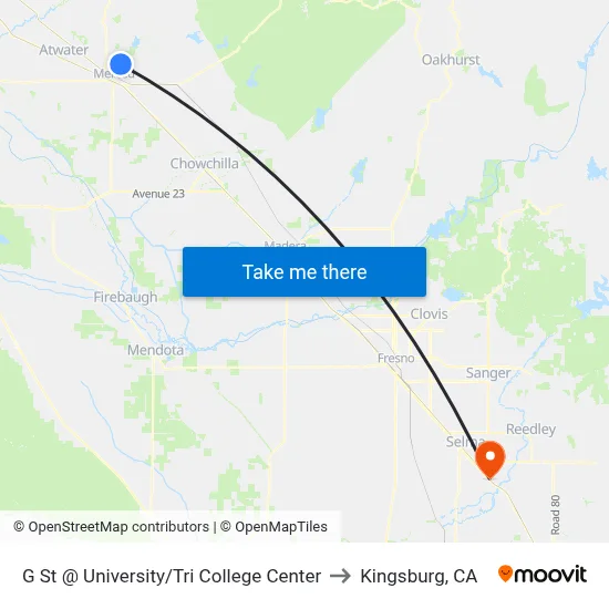 G St @ University/Tri College Center to Kingsburg, CA map