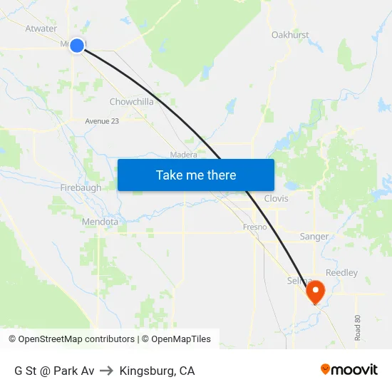 G St @ Park Av to Kingsburg, CA map