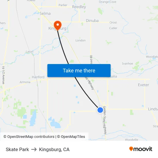Skate Park to Kingsburg, CA map