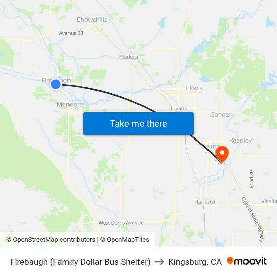 Firebaugh (Family Dollar Bus Shelter) to Kingsburg, CA map
