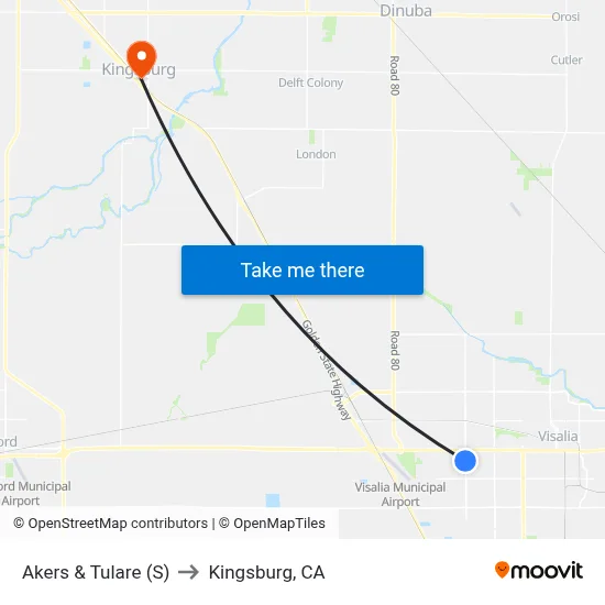 Akers & Tulare (S) to Kingsburg, CA map