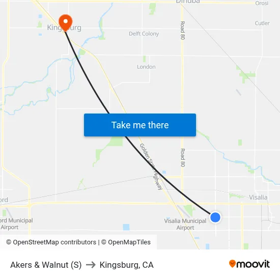 Akers & Walnut (S) to Kingsburg, CA map