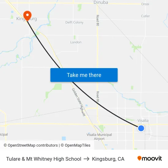 Tulare & Mt Whitney High School to Kingsburg, CA map