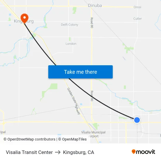 Visalia Transit Center to Kingsburg, CA map