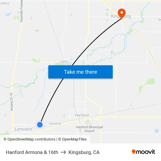 Hanford Armona & 16th to Kingsburg, CA map