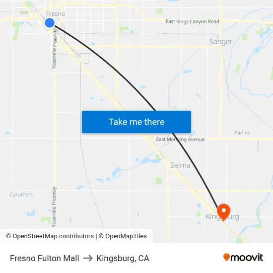 Fresno Fulton Mall to Kingsburg, CA map