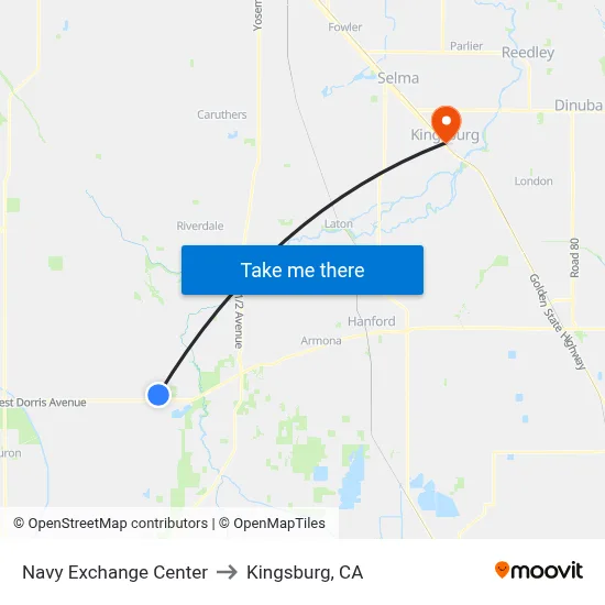 Navy Exchange Center to Kingsburg, CA map