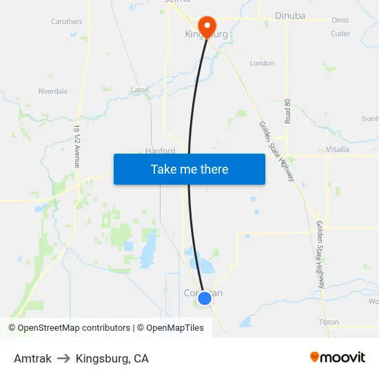 Amtrak to Kingsburg, CA map