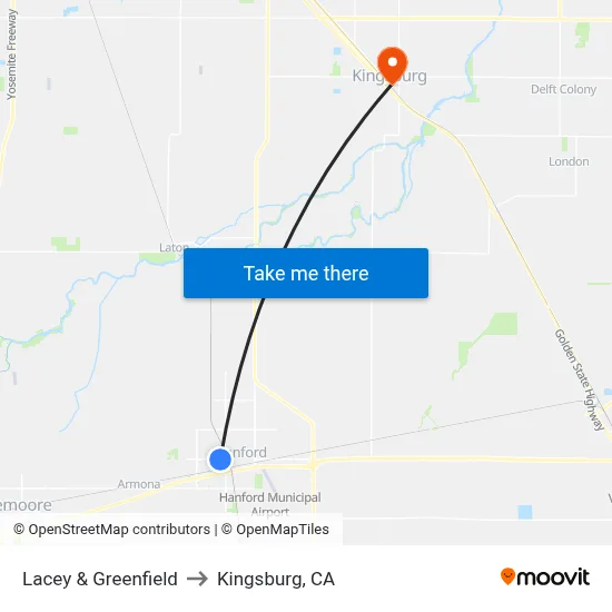 Lacey & Greenfield to Kingsburg, CA map