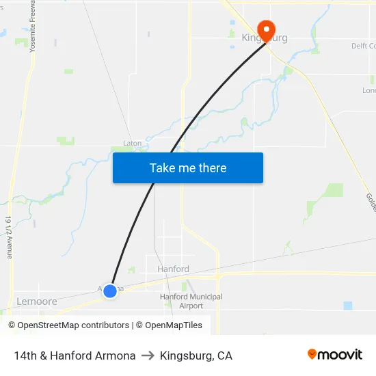 14th & Hanford Armona to Kingsburg, CA map