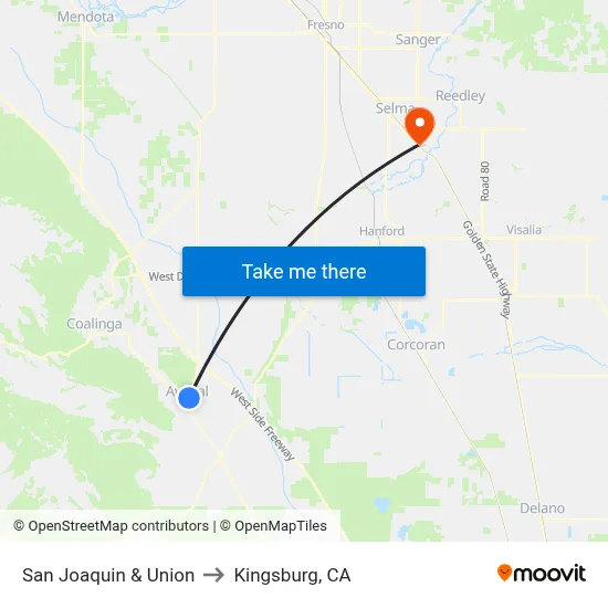 San Joaquin & Union to Kingsburg, CA map