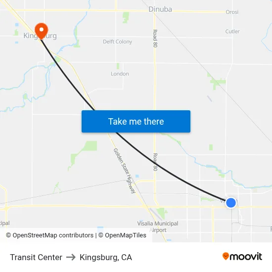 Transit Center to Kingsburg, CA map