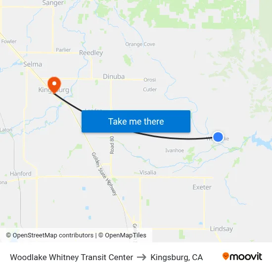 Woodlake Whitney Transit Center to Kingsburg, CA map