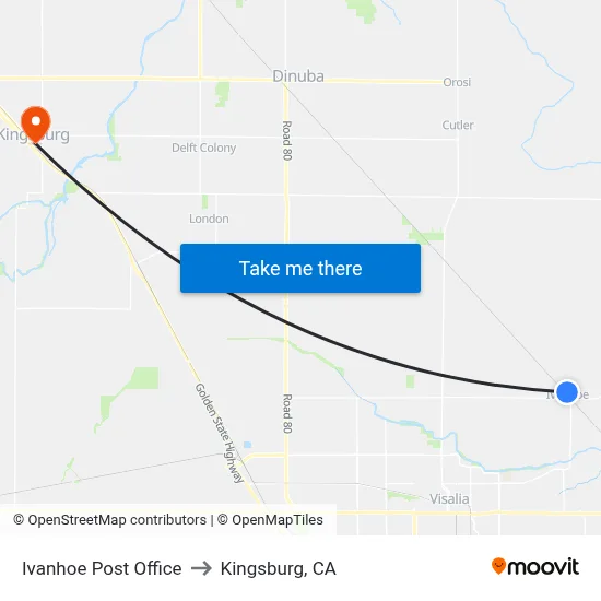 Ivanhoe Post Office to Kingsburg, CA map