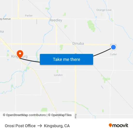 Orosi Post Office to Kingsburg, CA map