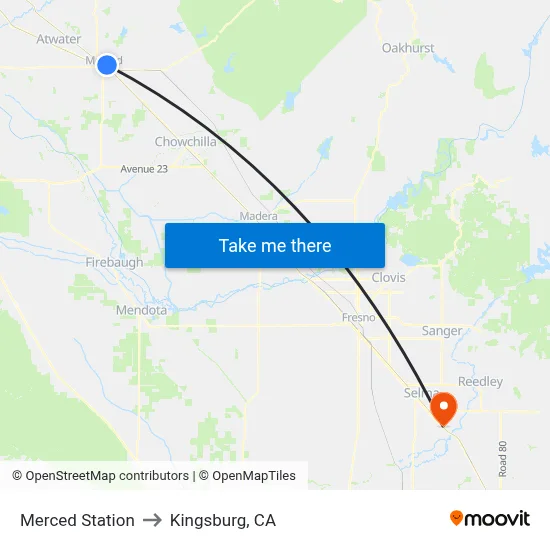 Merced Station to Kingsburg, CA map